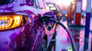 Ljubičasti auto na crpki toči gorivo